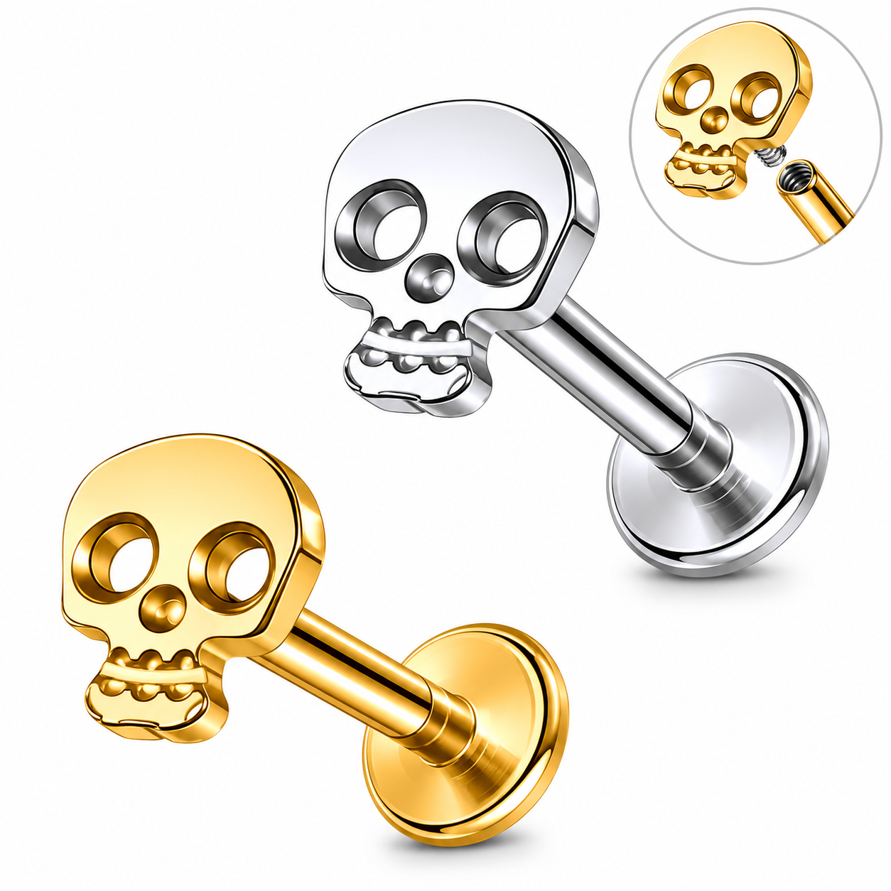 Tytanowy labret do piercingu ucha z motywem czaszki – srebrny