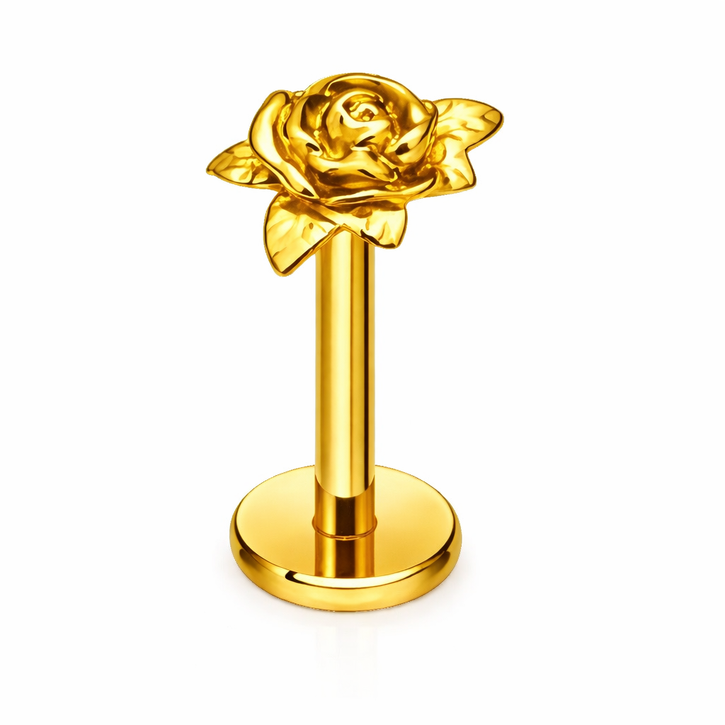 LABRET Z ROZĄ DO PIERCINGU UCHA -ZŁOTY KOLCZYK Z TYTANU ASTM F-136