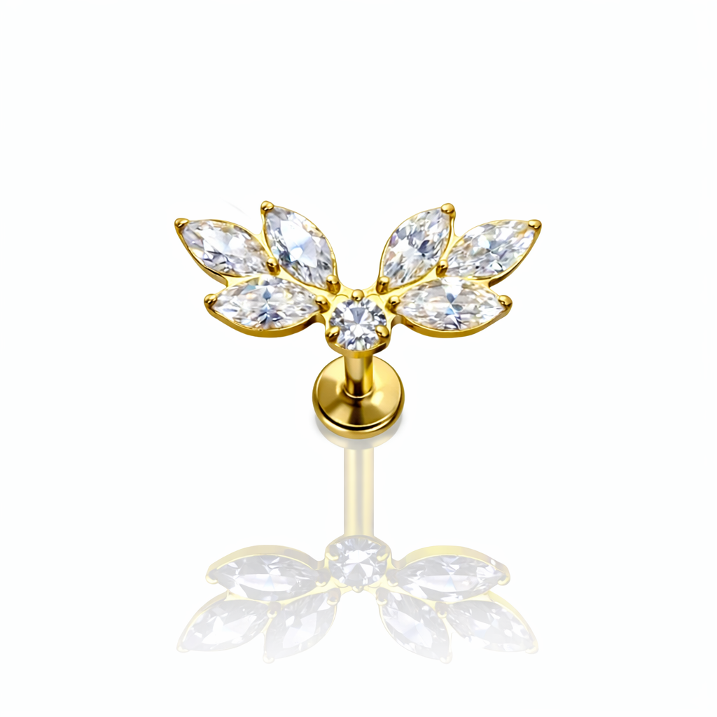 KOLCZYK DO PIERCINGU – LABRET TYTANOWY ZŁOTY Z BIAŁYMI CYRKONIAMI
