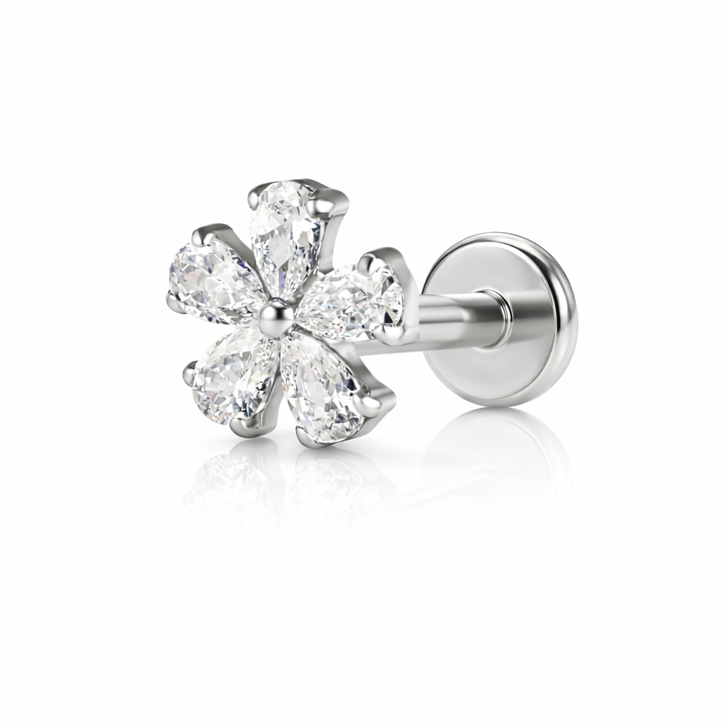 LABRET DO PIERCINGA UCHA -KWIAT Z CYRKONIAMI SREBRNY