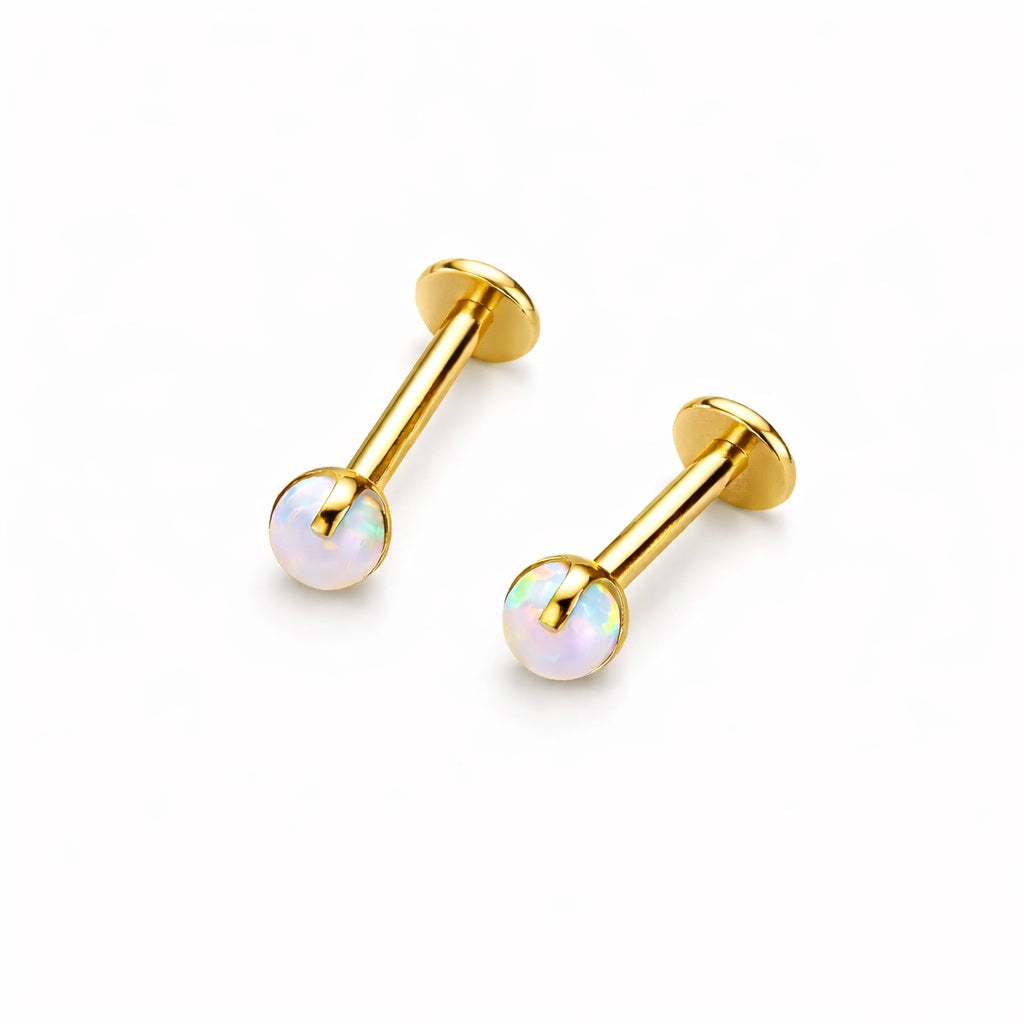 Tytanowy labret z opalem – złoty kolczyk do piercingu ucha