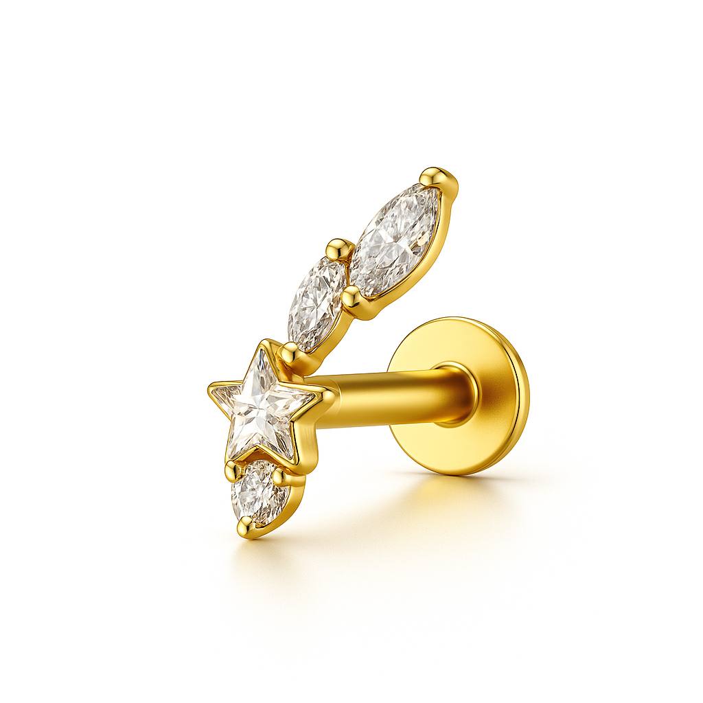 Tytanowy zloty labret z białymi cyrkoniami kolczyk do piercingu