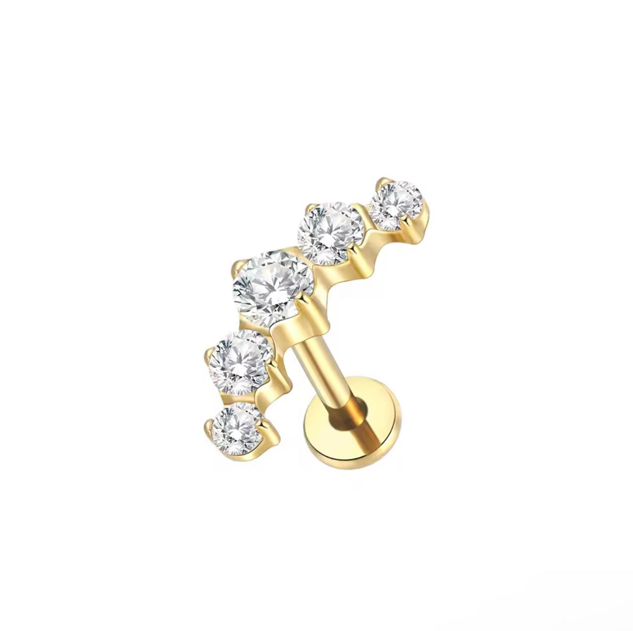 Tytanowy złoty labret z pięcioma białymi cyrkoniami – kolczyk do piercingu