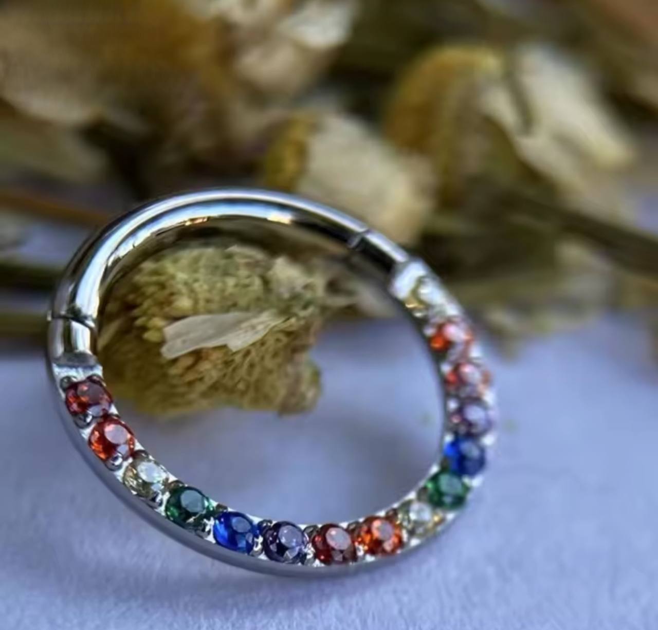 Kolczyk PIERCING Kółko CLICKER z kolorowymi cyrkoniami Daith Septum Tytan G23 Srebrny