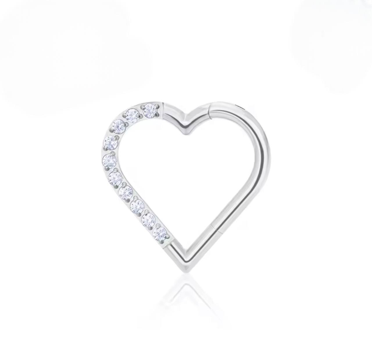 Tytanowy CLICKER serce z cyrkoniami – kolczyk do piercingu prawego ucha, srebrny