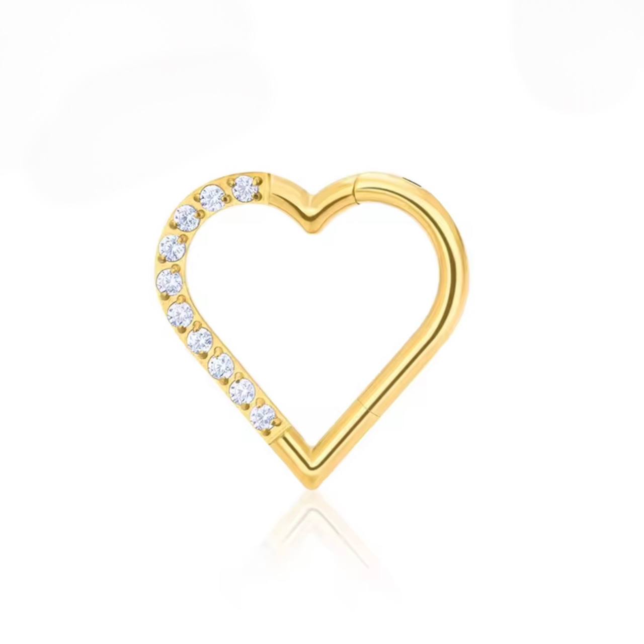 Tytanowy CLICKER serce z cyrkoniami – kolczyk do piercingu prawego ucha, złoty