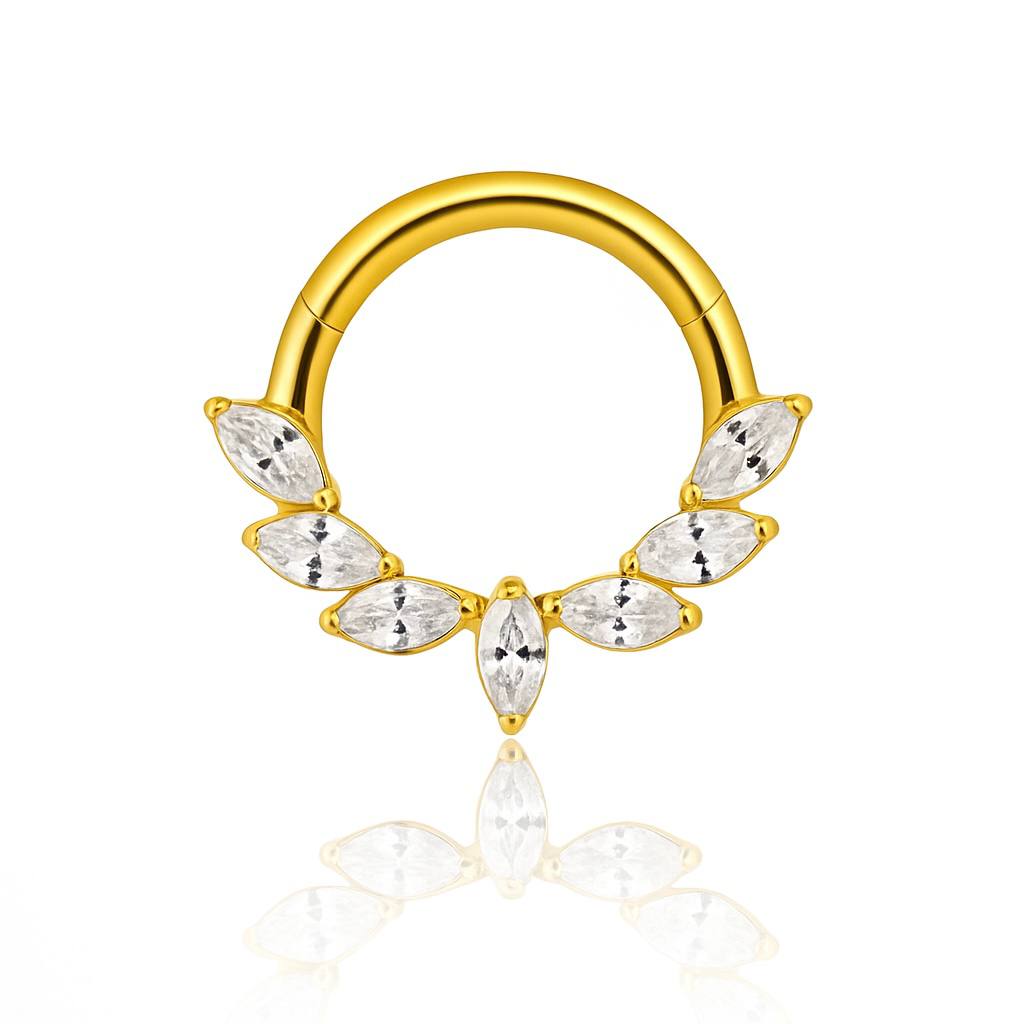 Kolczyk PIERCING tytanowy CLICKER złoty z bialymi cyrkoniami kółko