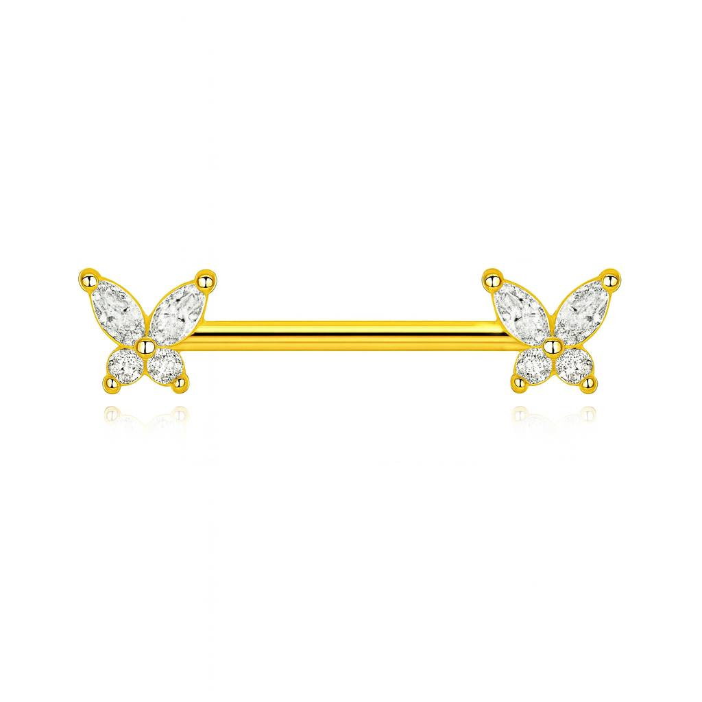 Kolczyk do sutka Motylek z cyrkoniami – złota tytanowa sztanga G23 do piercingu