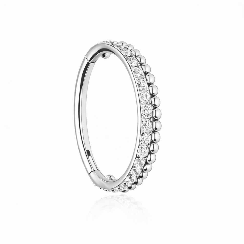 Srebrne  tytanowe kółko clicker z białymi cyrkoniami I KULKAMI