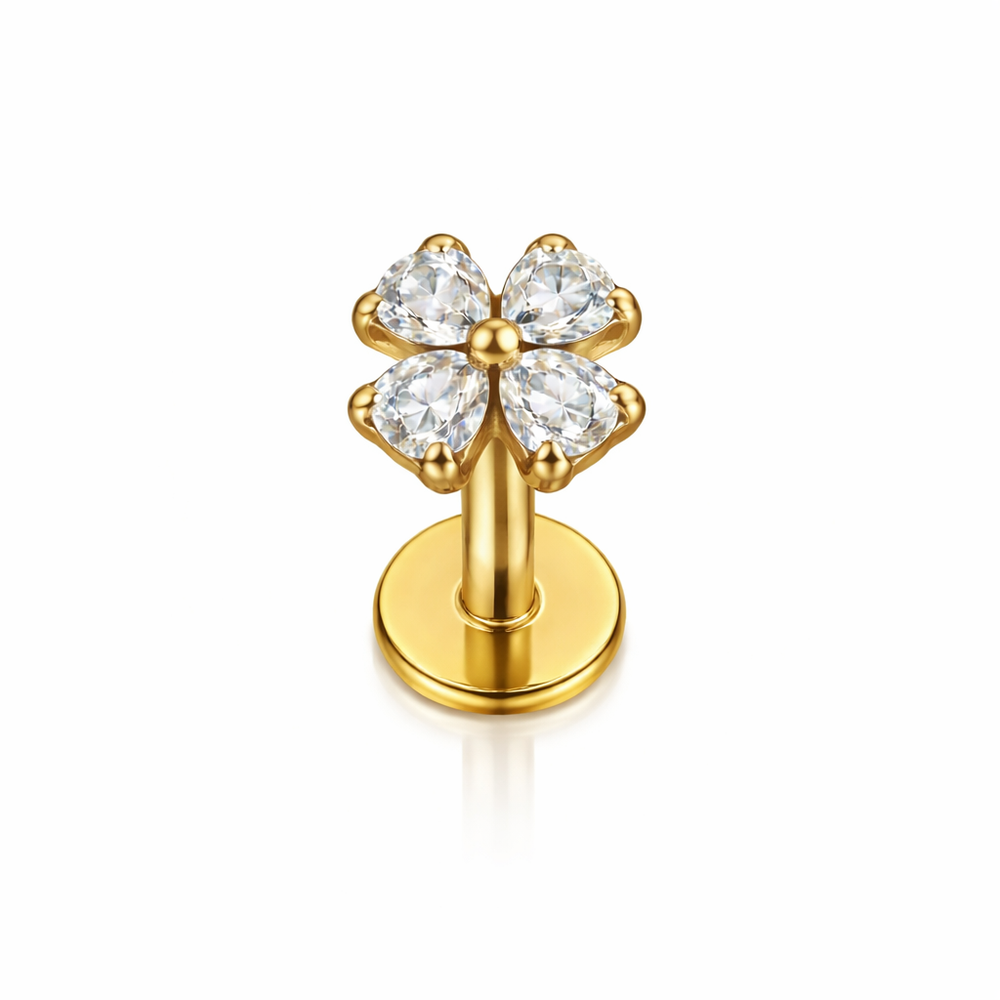 TYTANOWY LABRET DO PIERCINGA UCHA - KWIAT Z CYRKONIAMI ZŁOTY