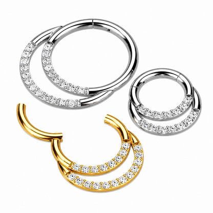 Tytanowy podwójny clicker do piercingu ucha z cyrkoniami – srebrny
