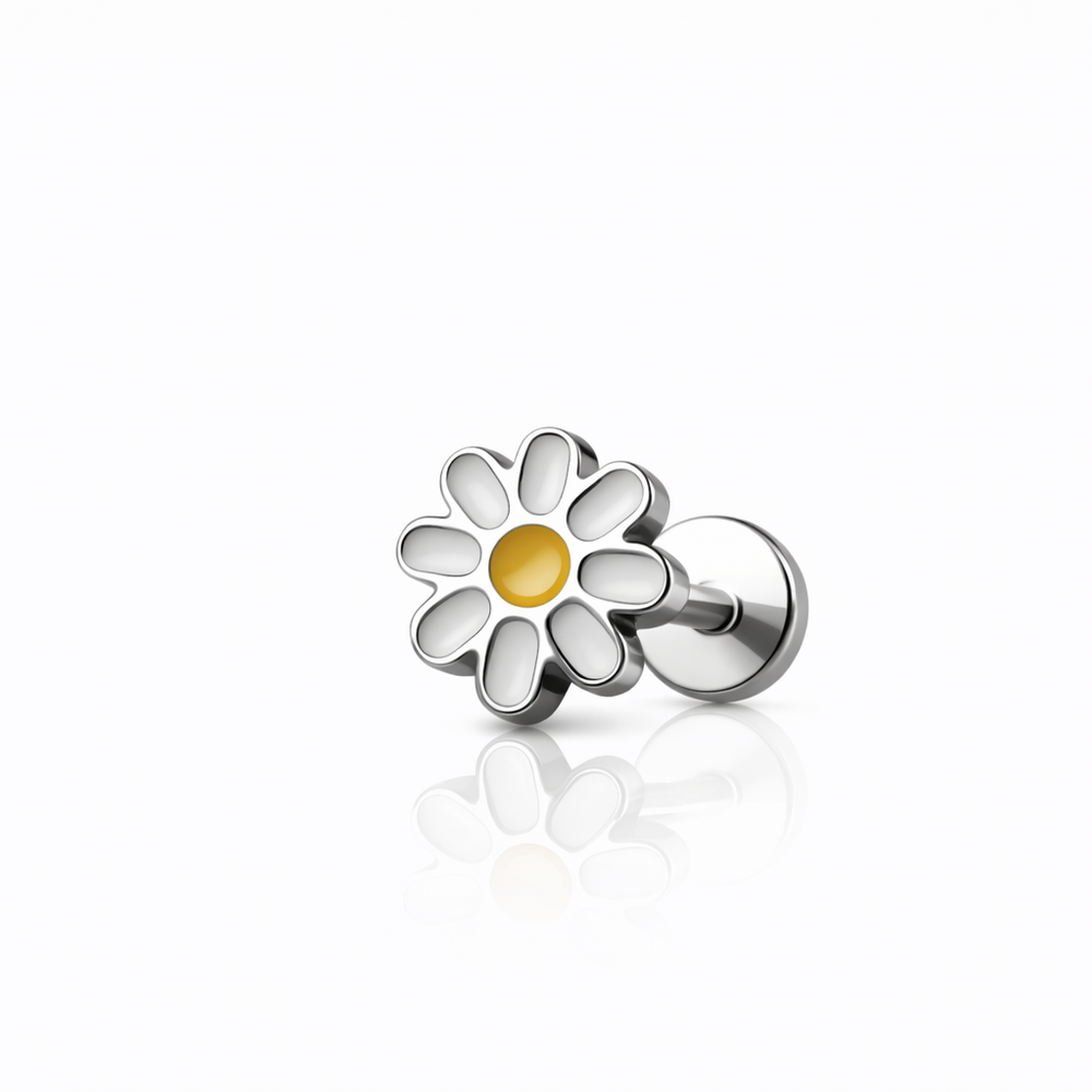 Kolczyk do piercingu typu labret w kształcie kwiatu SREBRNY