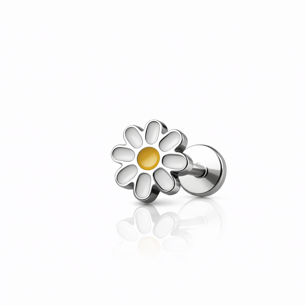 Kolczyk do piercingu typu labret w kształcie kwiatu SREBRNY