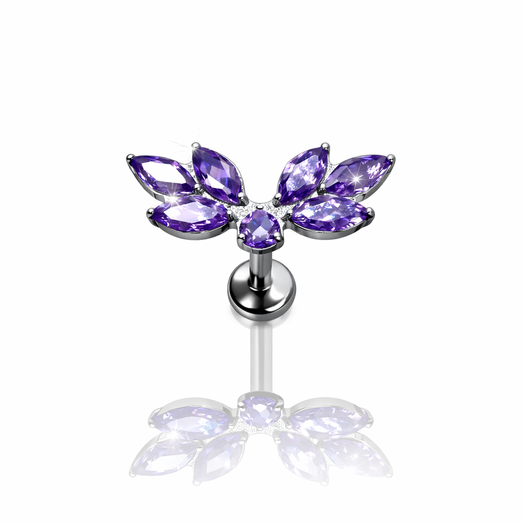 KOLCZYK DO PIERCINGU – LABRET TYTANOWY SREBRNY Z FIOLETOWYMI CYRKONIAMI