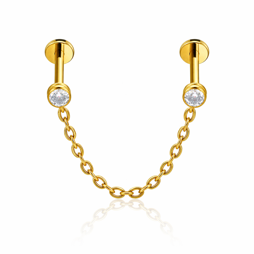 LABRET DO PIERCINGU UCHA Z CIRKONIAMI I ŁAŃCUSZKIEM ZŁOTY