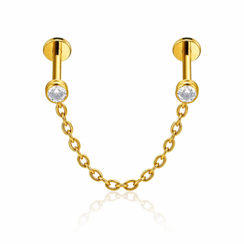 LABRET DO PIERCINGU UCHA Z CIRKONIAMI I ŁAŃCUSZKIEM ZŁOTY