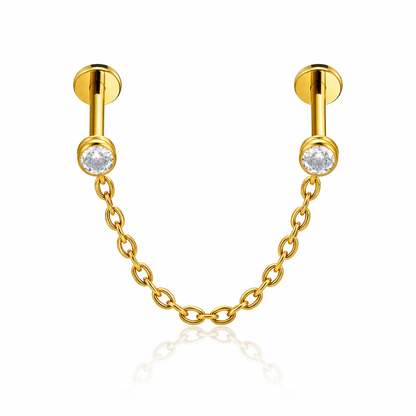 LABRET DO PIERCINGU UCHA Z CIRKONIAMI I ŁAŃCUSZKIEM ZŁOTY