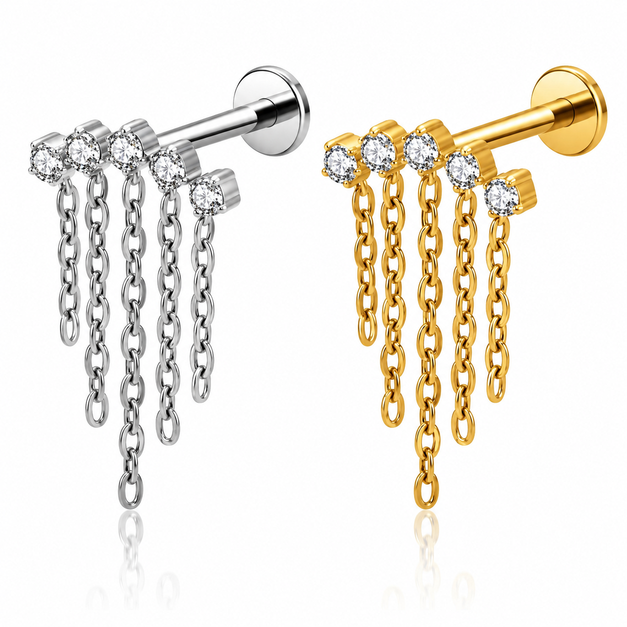 LABRET TYTANOWY Z ŁAŃCUSZKAMI I CYRKONIAMI – KOLCZYK DO PIERCINGU UCHA SREBRNY