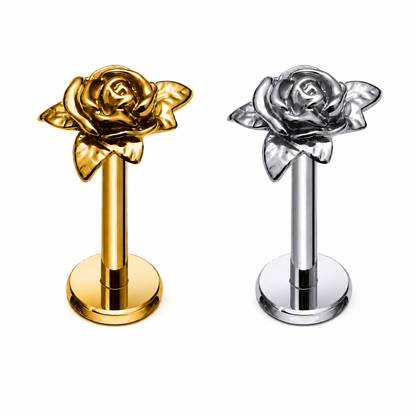 LABRET Z ROZĄ DO PIERCINGU UCHA -SREBRNY KOLCZYK Z TYTANU ASTM F-136