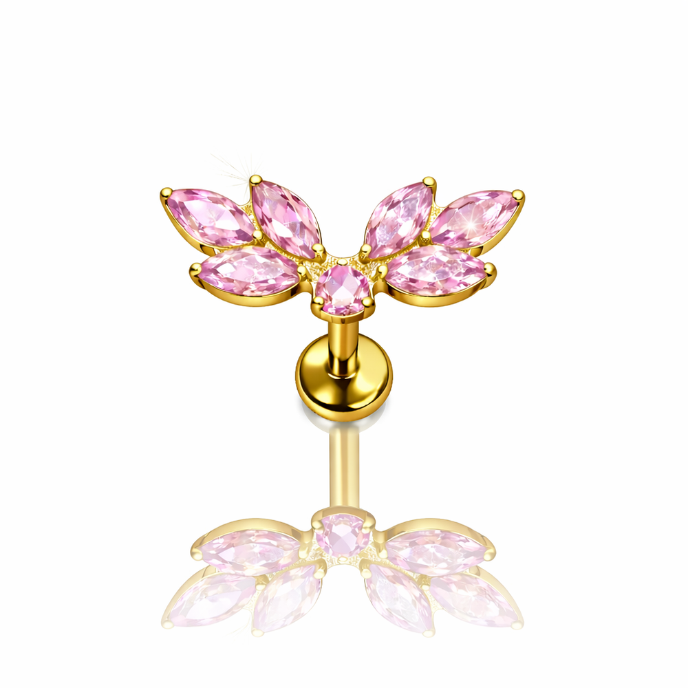 KOLCZYK DO PIERCINGU – LABRET TYTANOWY ZŁOTY Z RÓŻOWYMI CYRKONIAMI