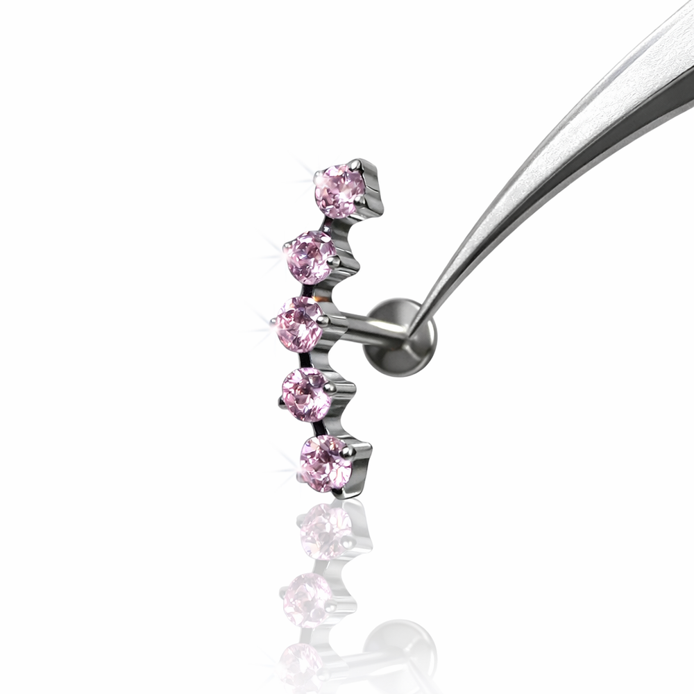 TYTANOWY SREBRNY LABRET Z RÓŻOWYMI CYRKONIAMI – GWINT WEWNĘTRZNY | ASTM F-136