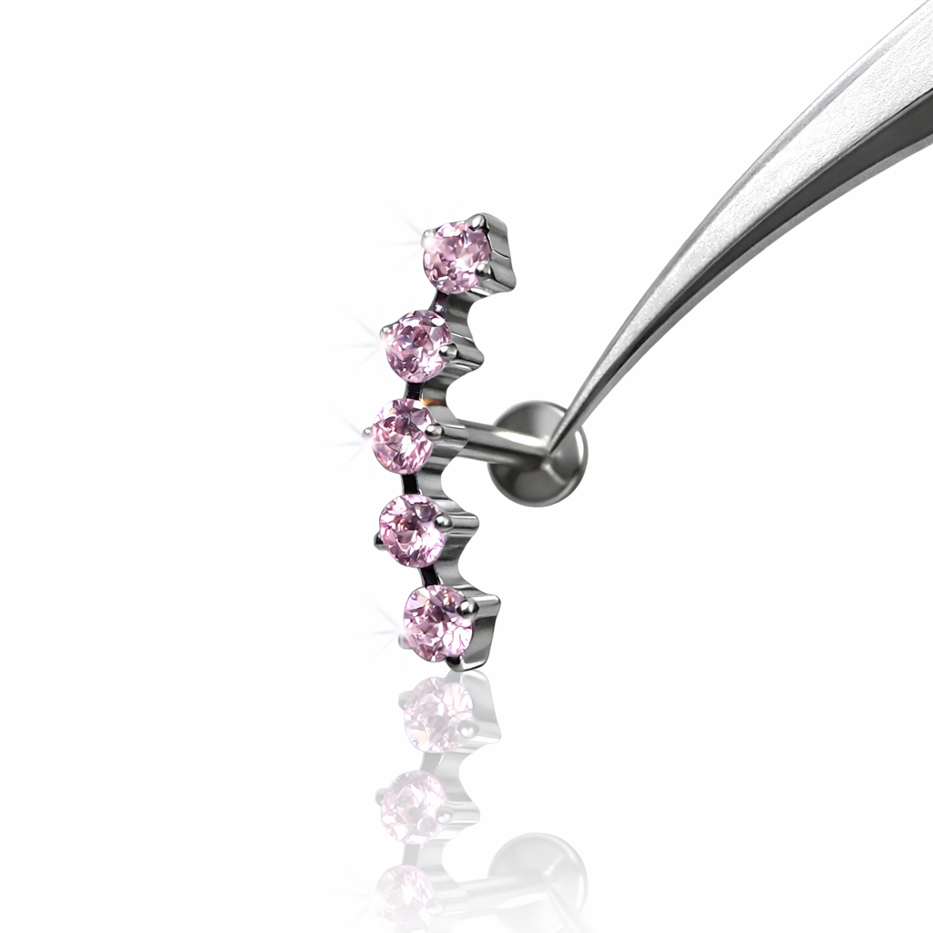 TYTANOWY SREBRNY LABRET Z RÓŻOWYMI CYRKONIAMI – GWINT WEWNĘTRZNY | ASTM F-136