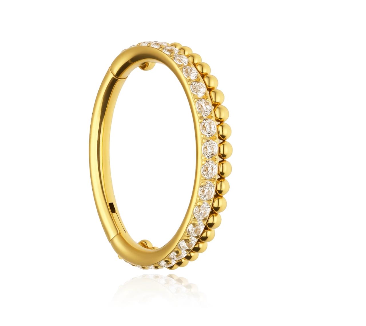 Złote  tytanowe kółko clicker z białymi cyrkoniami I KULKAMI