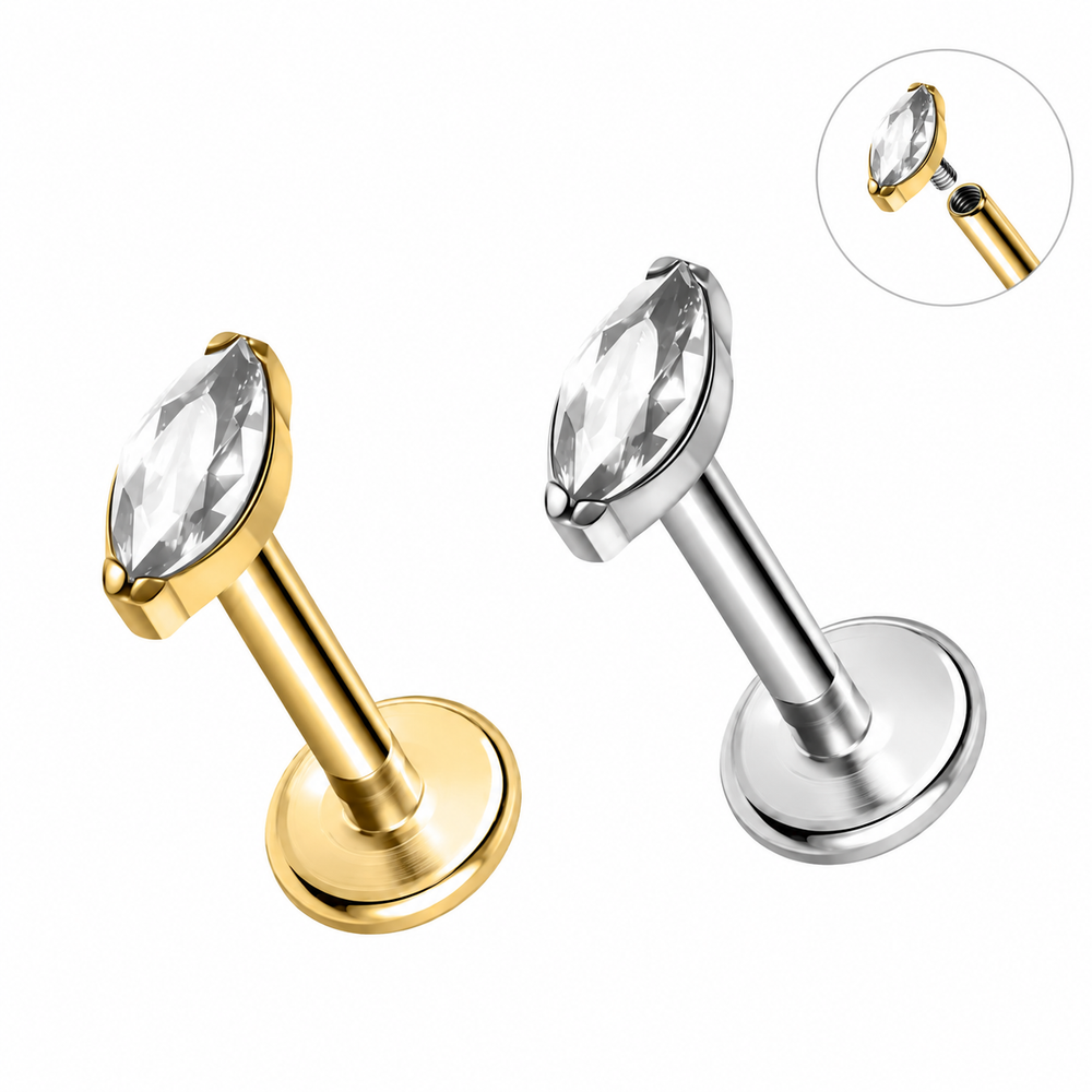 TYTANOWY LABRET Z CYRKONIĄ BIAŁĄ  -KOLCZYK DO PIERCINGU ,ZŁOTY