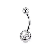 Tytanowy kolczyk do piercingu pępka banan z  białą cyrkonią - srebrny