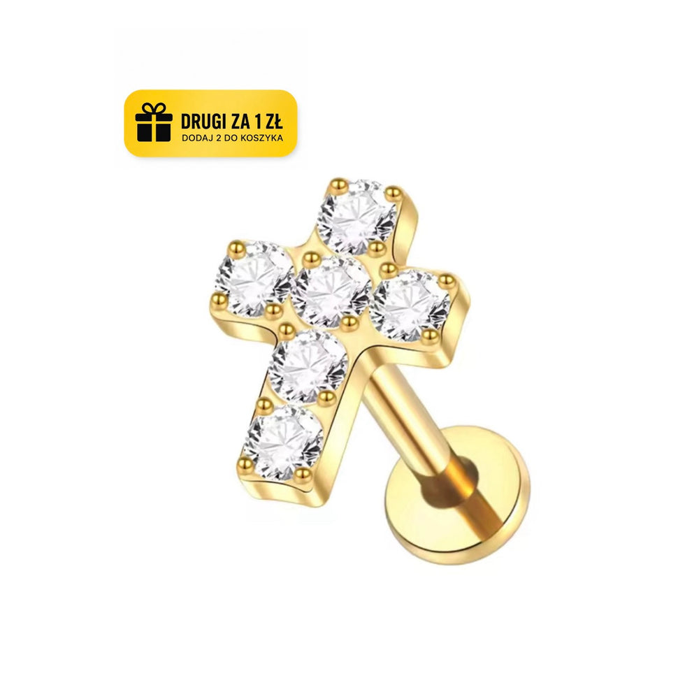 Tytanowy labret krzyż z białymi cyrkoniami – kolczyk do piercingu - złoty