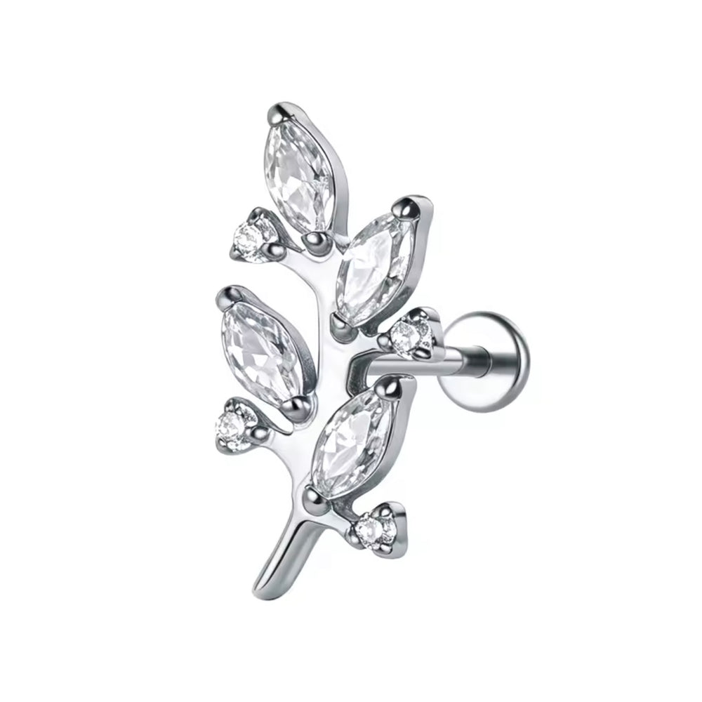Kolczyk srebrny do piercingu ucha – labret gałązka z cyrkoniami