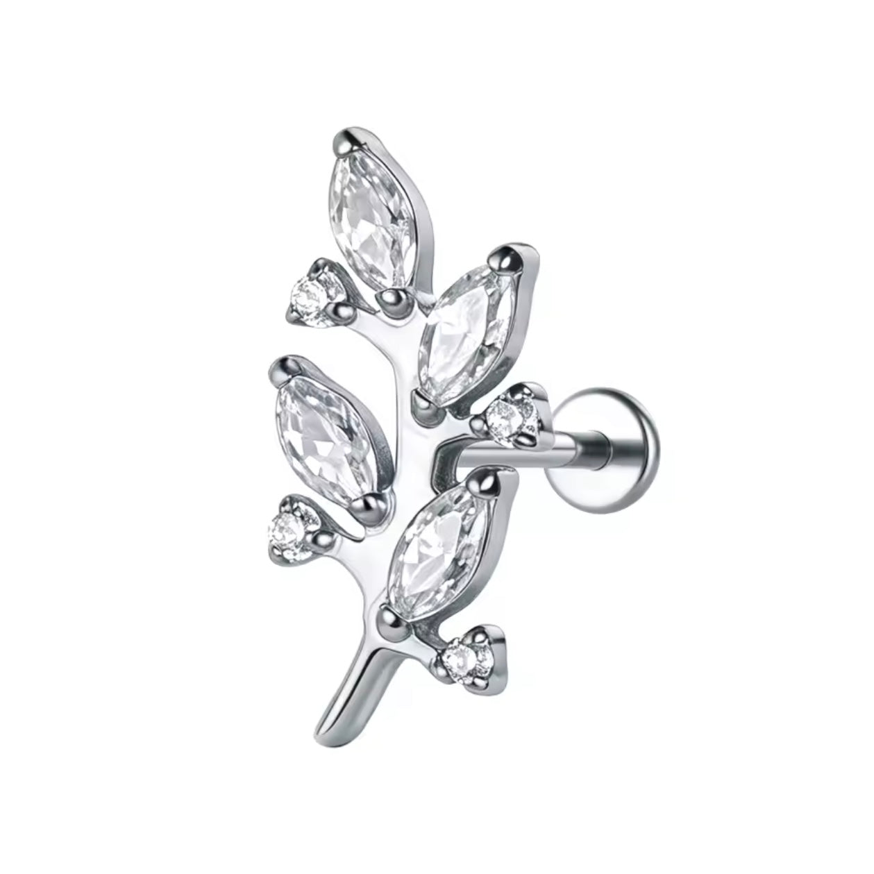 Kolczyk srebrny do piercingu ucha – labret gałązka z cyrkoniami