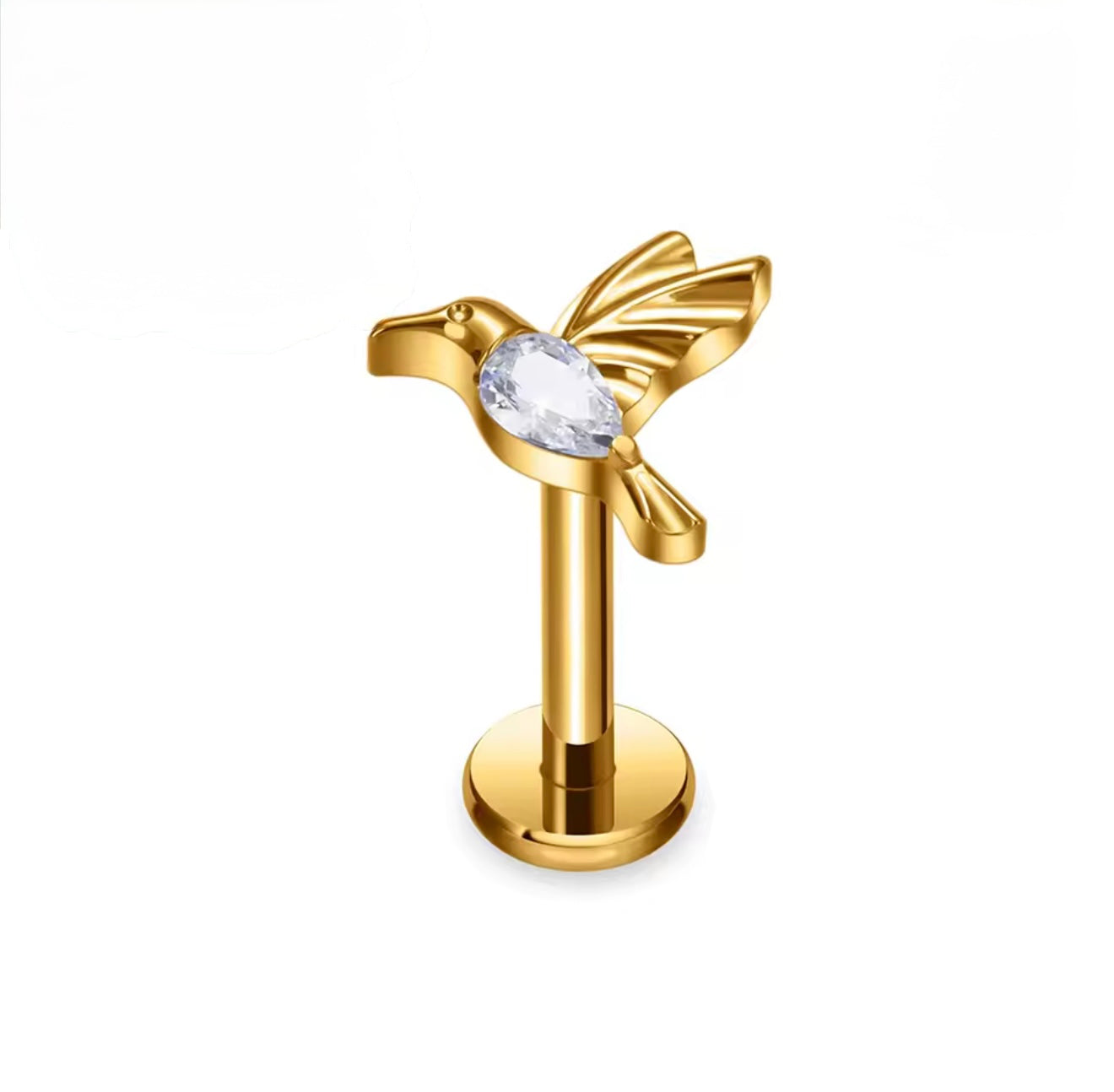 ZŁOTY LABRET Z KOLIBREM – KOLCZYK DO PIERCINGU UCHA HELIX TRAGUS
