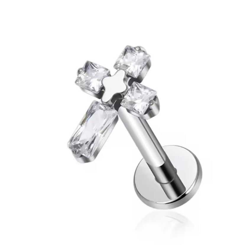 Kolczyk labret z cyrkoniami w kształcie krzyżyka – tytan ASTM F-136