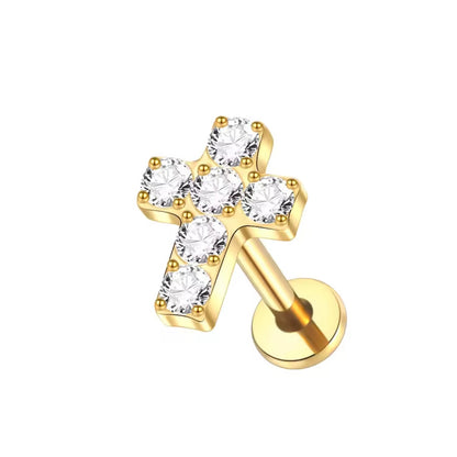 Tytanowy labret krzyż z białymi cyrkoniami – kolczyk do piercingu - złoty