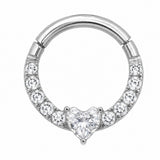 Tytanowy clicker Heart Shine z białymi cyrkoniami – kolczyk do piercingu ucha –srebrny