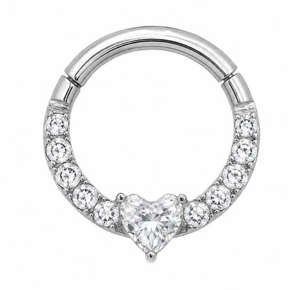 Tytanowy clicker Heart Shine z białymi cyrkoniami – kolczyk do piercingu ucha –srebrny