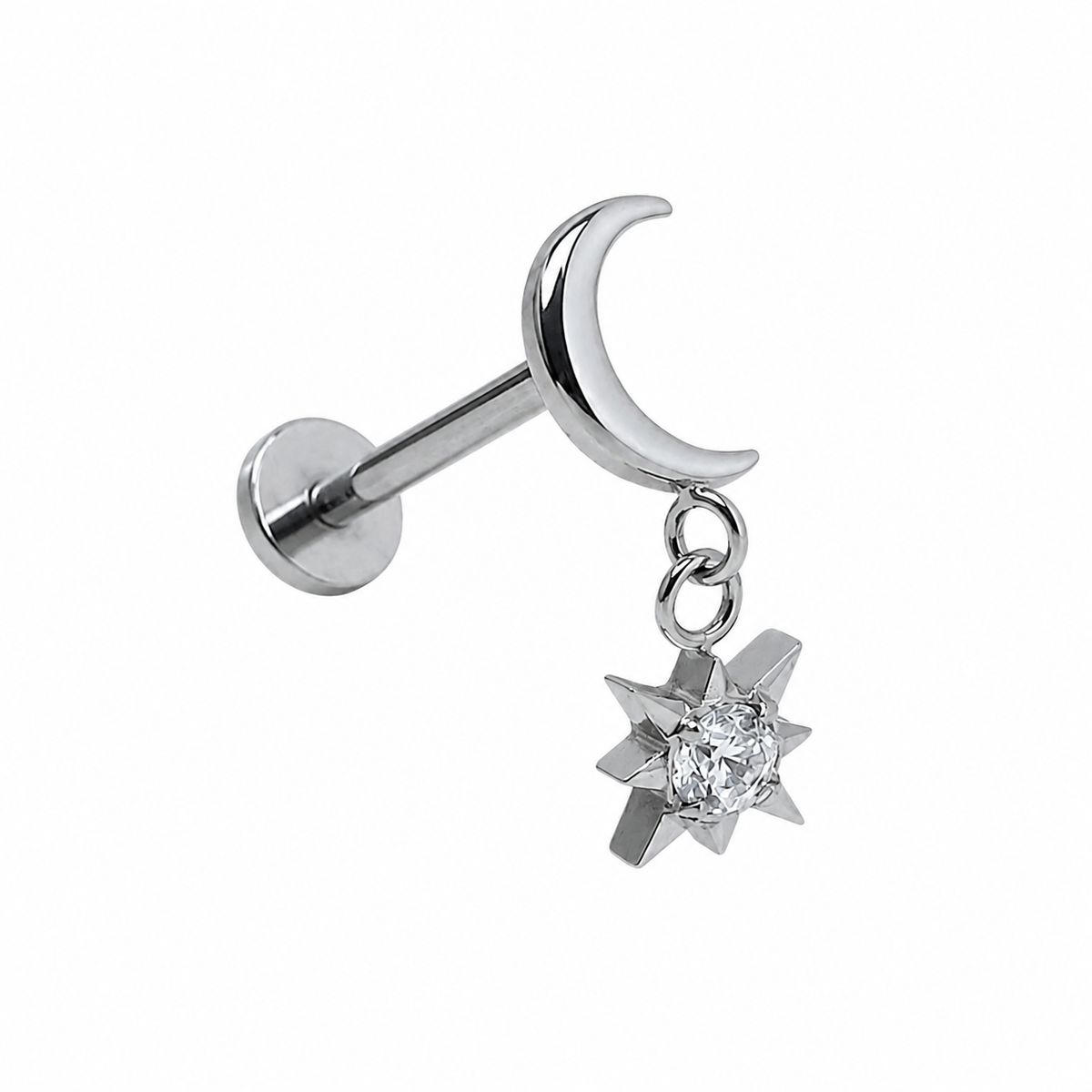 Tytanowy labret do piercingu ucha Księżyc z zawieszką Gwiazda – srebrny