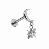 Tytanowy labret do piercingu ucha Księżyc z zawieszką Gwiazda – srebrny