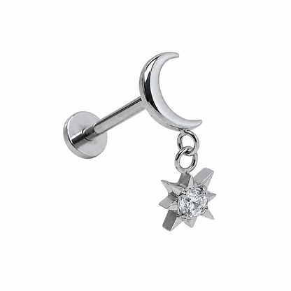 Tytanowy labret do piercingu ucha Księżyc z zawieszką Gwiazda – srebrny