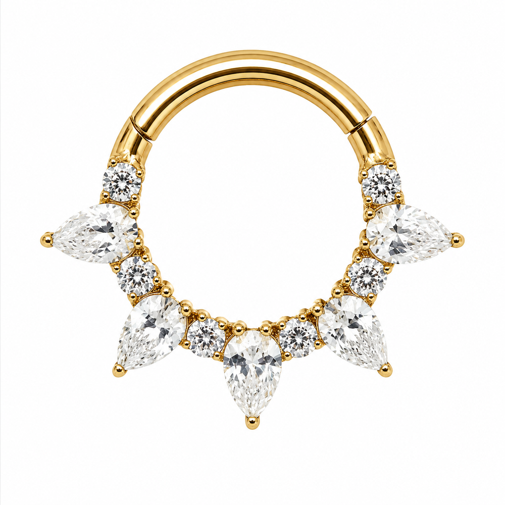 Tytanowy clicker Crown z białymi cyrkoniami – kolczyk do piercingu ucha  – złoty