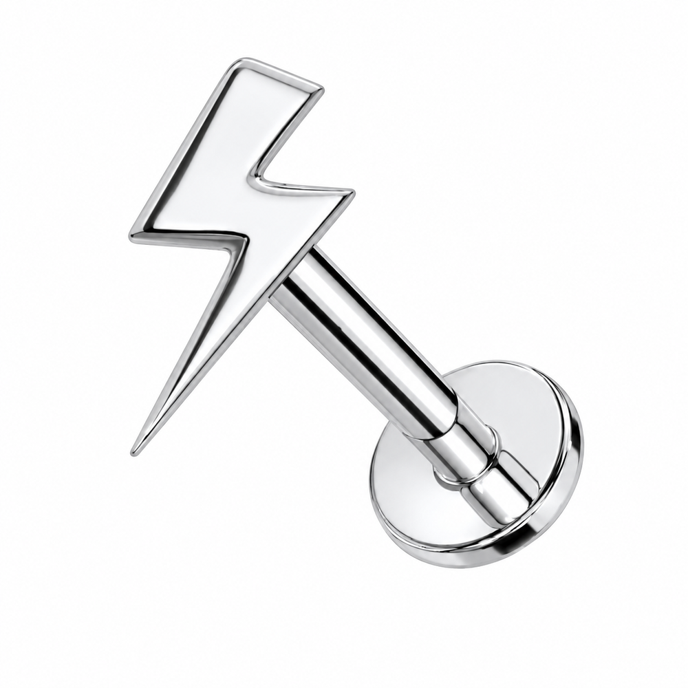 Tytanowy labret z piorunem – kolczyk do piercingu, srebrny