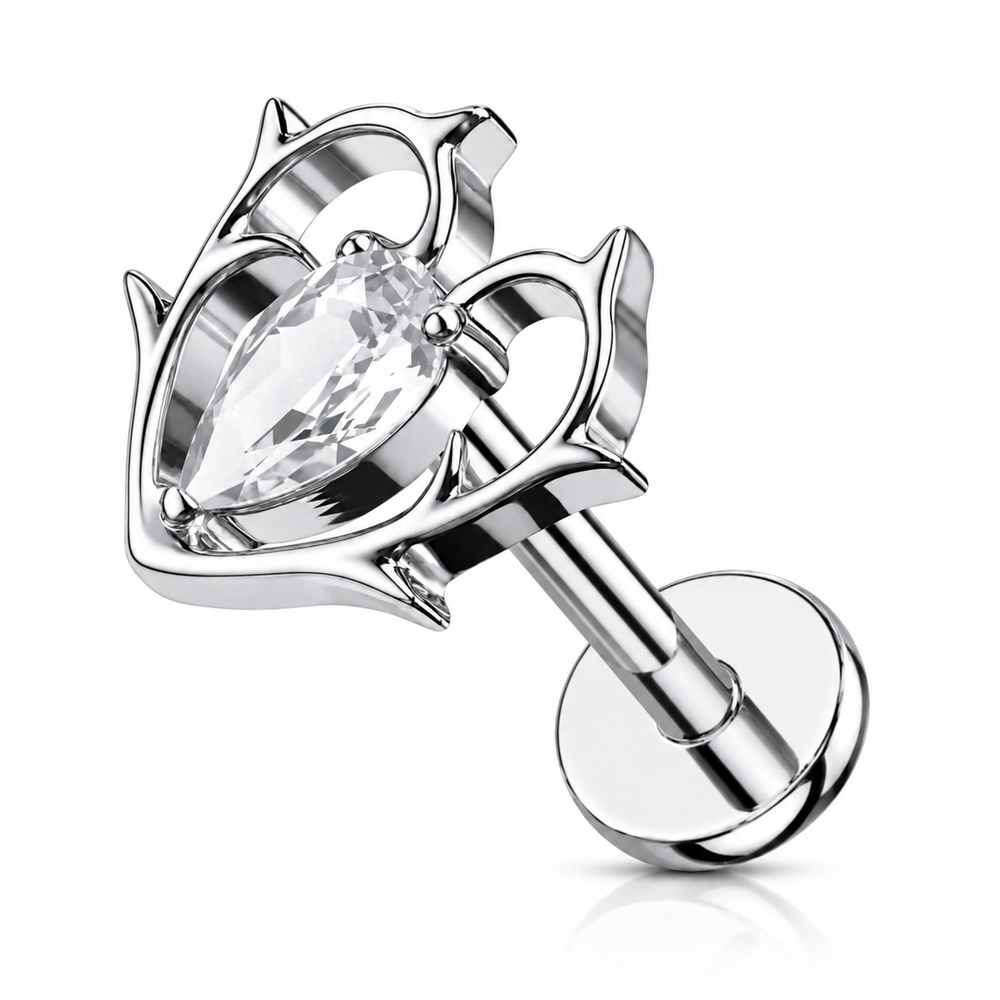 Labret do piercingu ucha  w kształcie serca z cyrkonią – srebrny