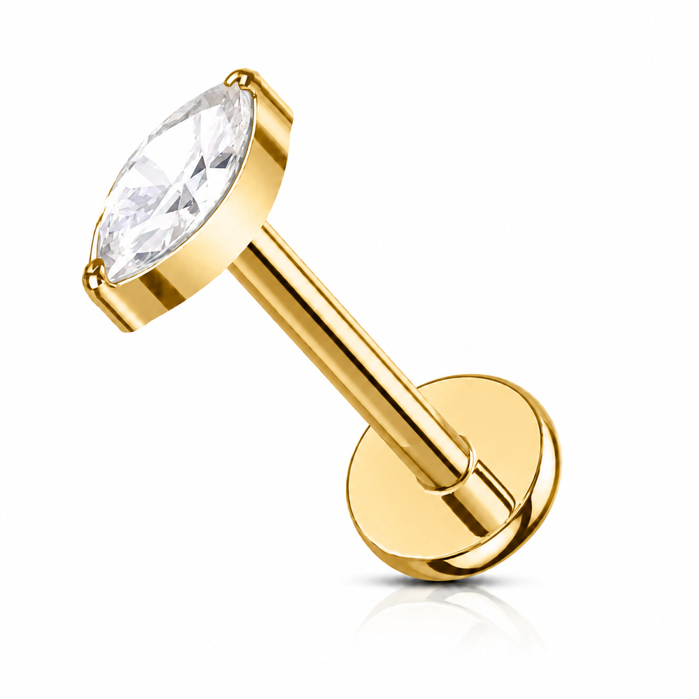 Tytanowy kolczyk labret z cyrkonią markiza do piercingu – złoty
