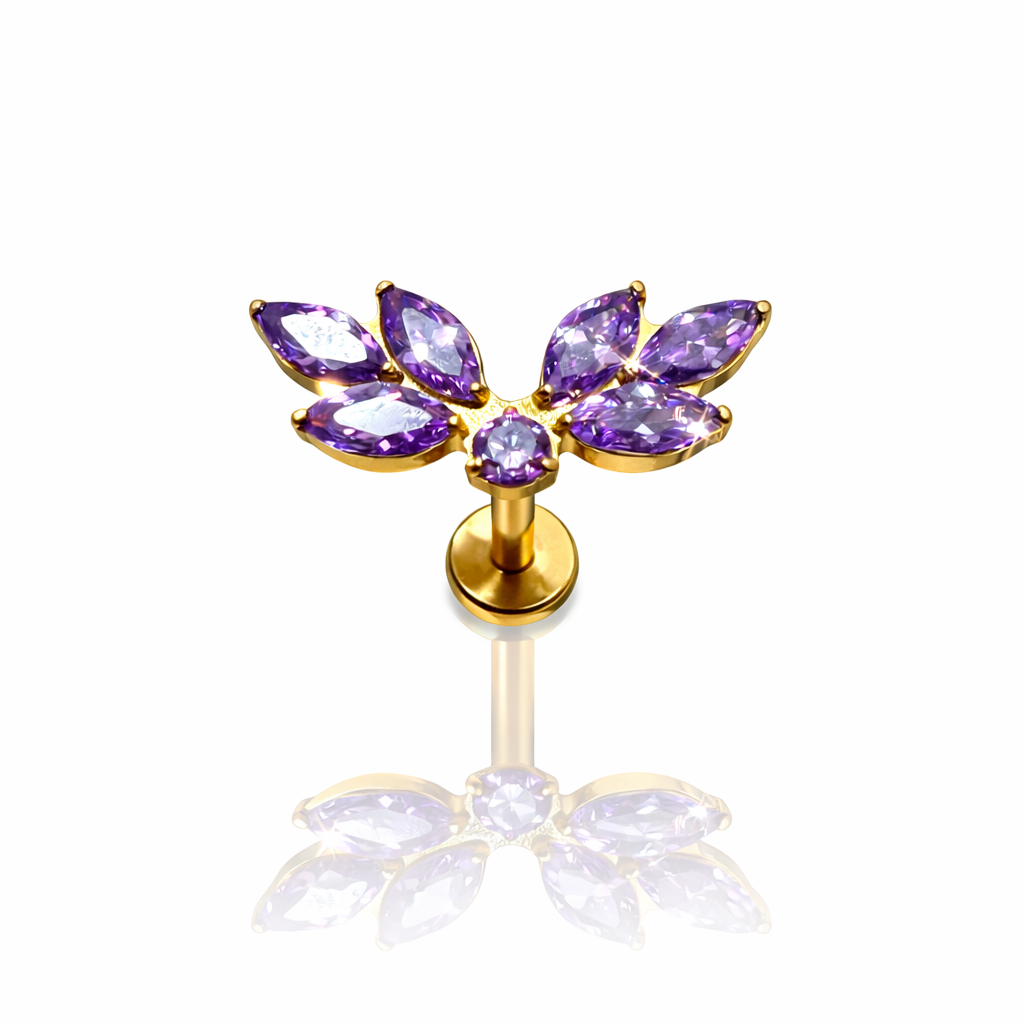 KOLCZYK DO PIERCINGU – LABRET TYTANOWY ZŁOTY Z FIOLETOWYMI CYRKONIAMI