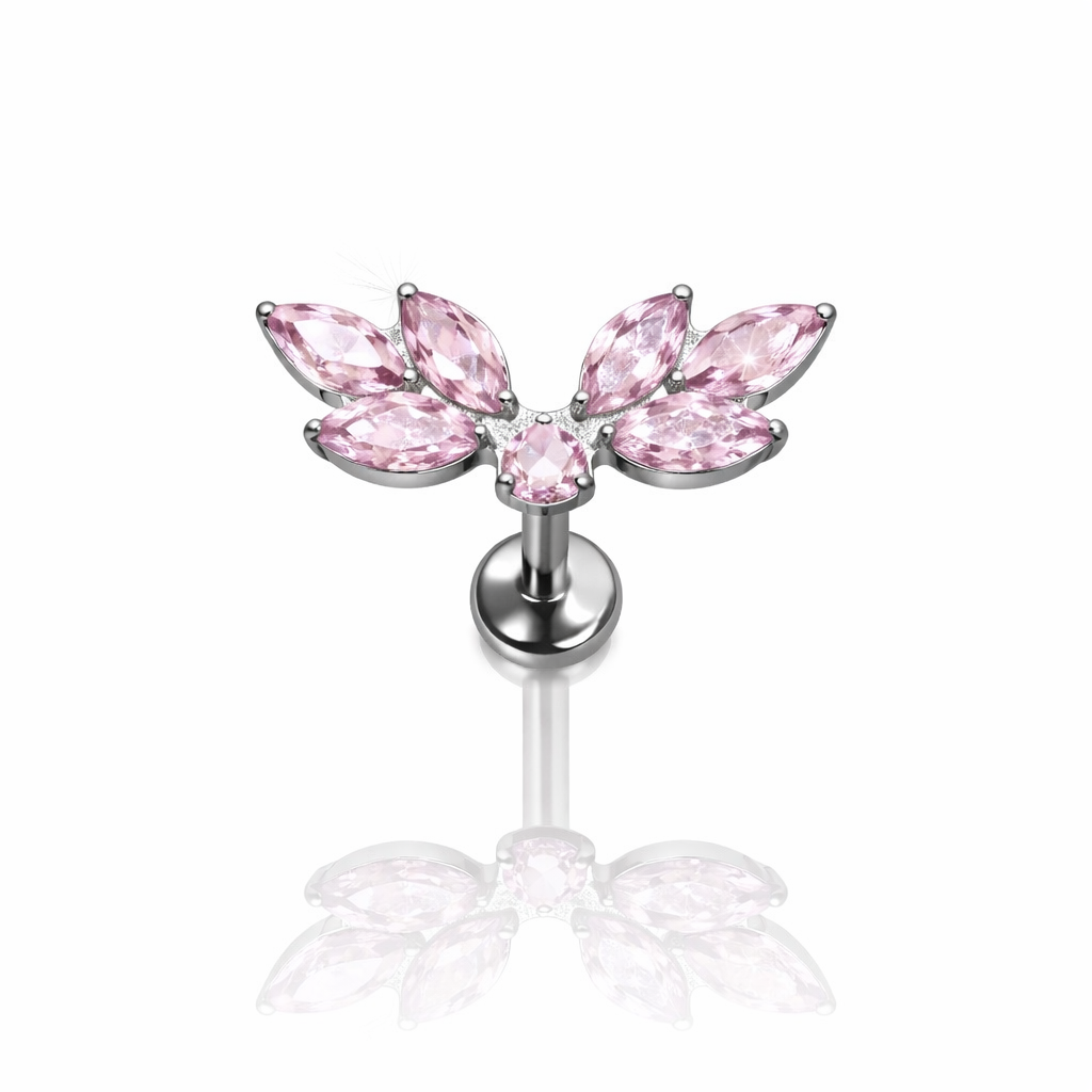 KOLCZYK DO PIERCINGU – LABRET TYTANOWY SREBRNY Z RÓŻOWYMI CYRKONIAMI