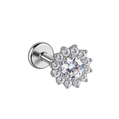 Kolczyk do piercingu ucha kwiat z cyrkoniami – tytanowy labret –  srebrny