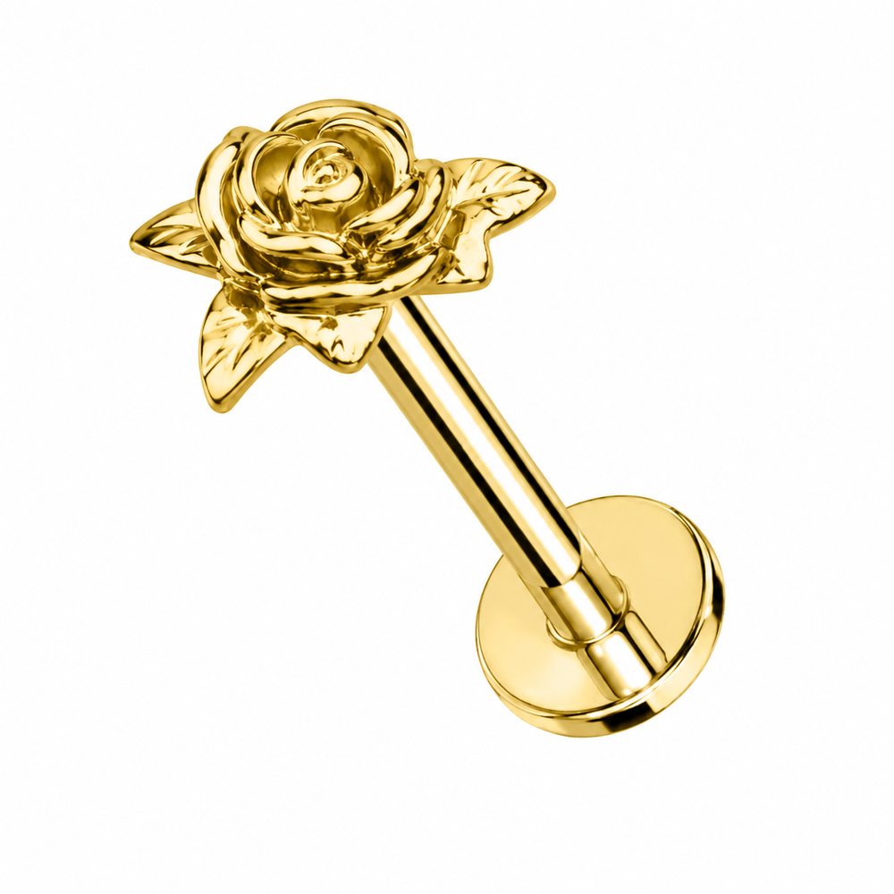 Tytanowy kolczyk do piercingu ucha – labret z różą – złoty