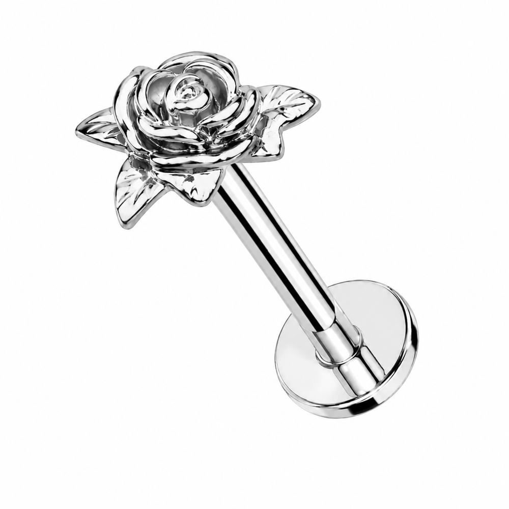 Tytanowy kolczyk do piercingu ucha – labret z różą – srebrny