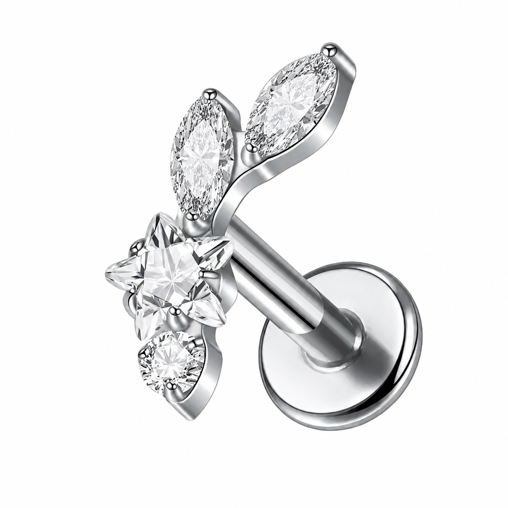 Kolczyk do piercingu ucha – tytanowy labret z białymi cyrkoniami – srebrny